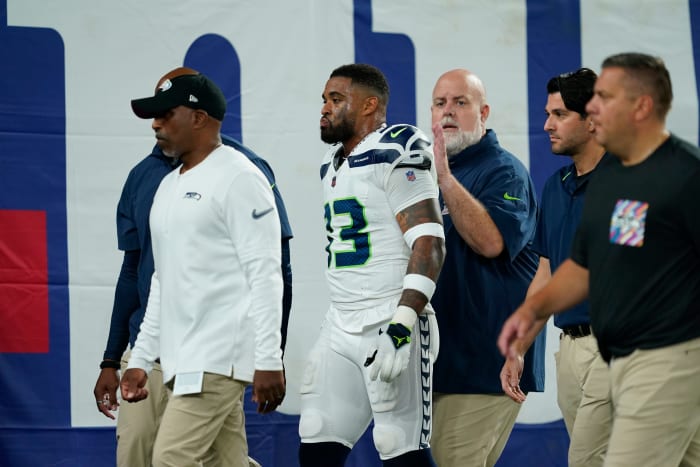 Seattle Seahawks safety Jamal Adams (33) walks off the field due to injury in the first half against the New York Giants at MetLife Stadium on Monday, Oct. 2, 2023, in East Rutherford